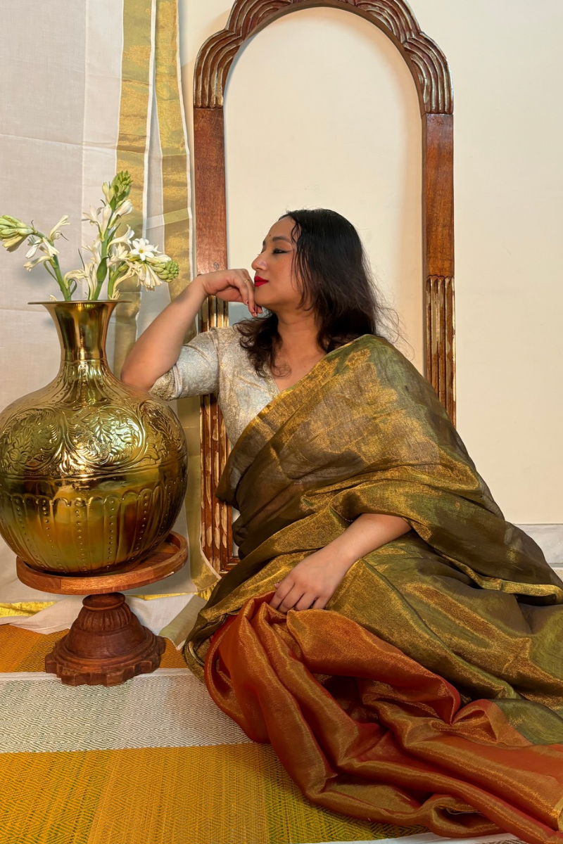 Kohinoor - Indiestore Stunning Copper & Coral Red Festive Handloom Tissue Saree