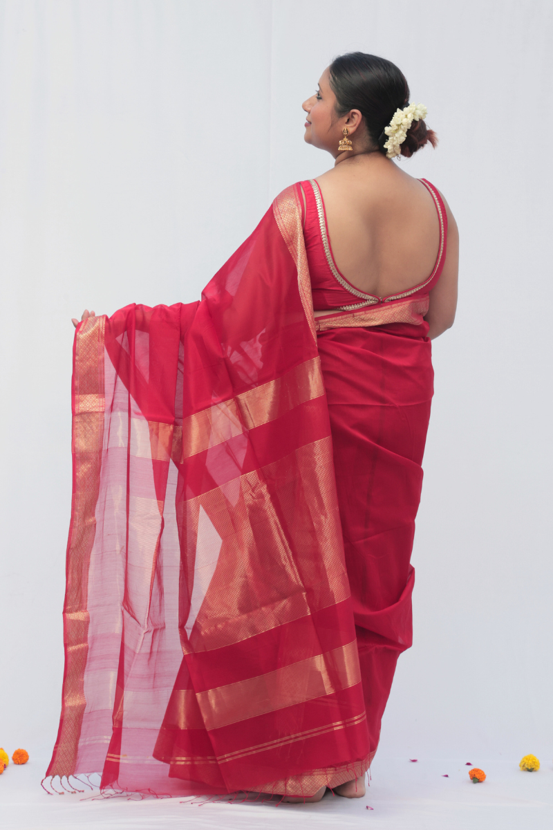 Lavanya - Indiestore Tomato Red Handloom Maheshwari Saree with Intricate Golden Border