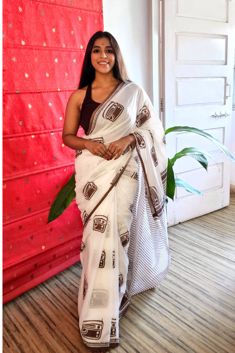 Vintage Radio (Beige) - Limited Edition Handblock Print Handloom Cotton Saree