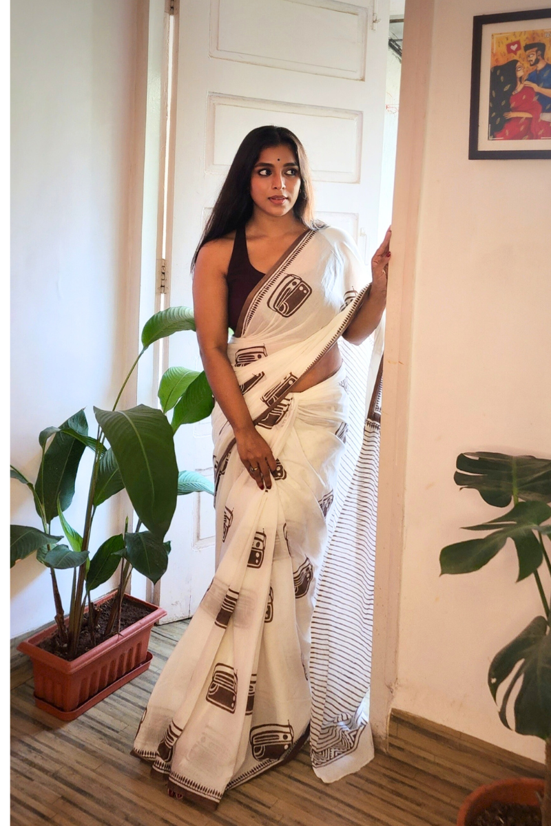 Vintage Radio (Beige) - Limited Edition Handblock Print Handloom Cotton Saree