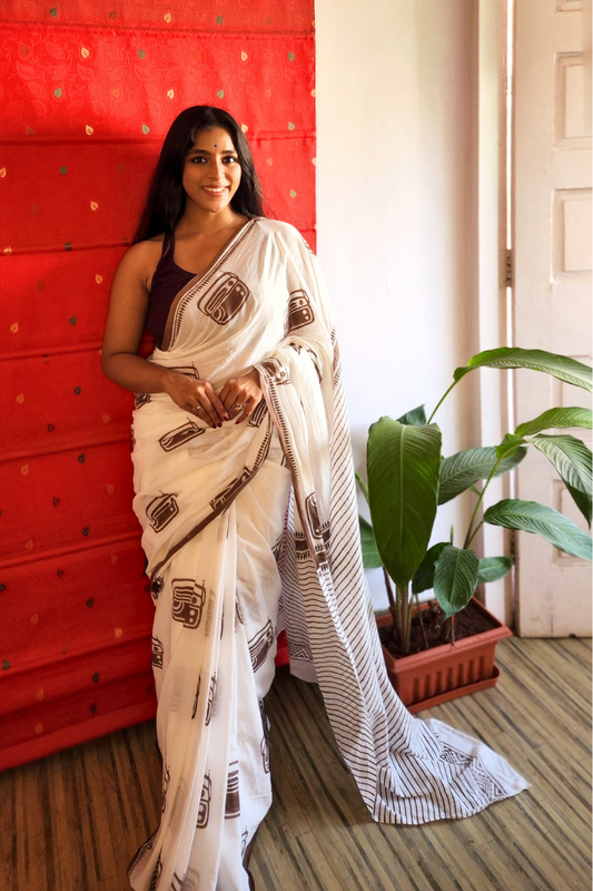 Vintage Radio (Beige) - Limited Edition Handblock Print Handloom Cotton Saree
