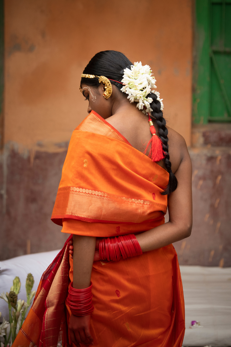 Kesariya - Indiestore Orange Handloom Maheshwari Saree with Golden Red Border
