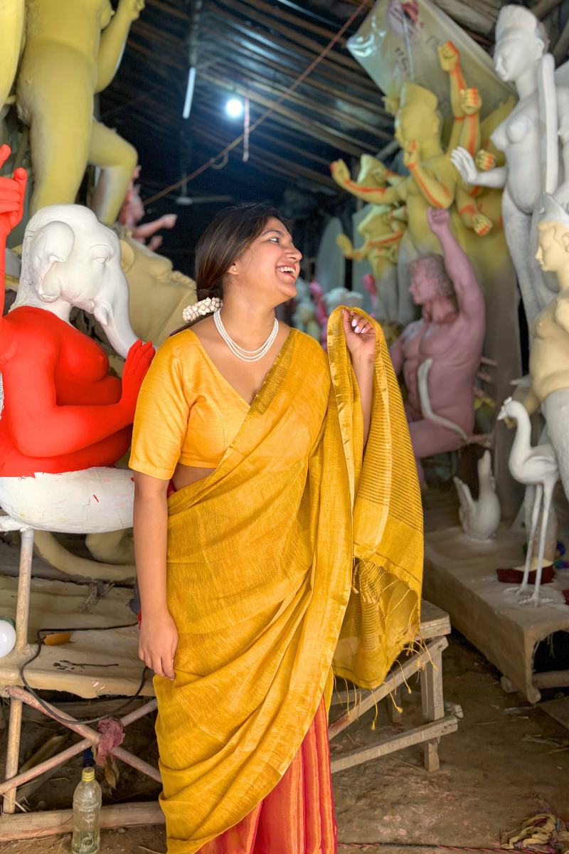 Phoolon Ke Rang - Indiestore Handloom Tissue Golden & Rose Pink Festive Saree
