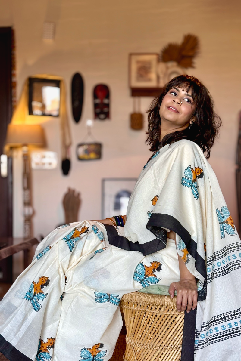 Udaan Handblock Print Cotton Saree (Sky Blue) – A Tribute to Women's Journey