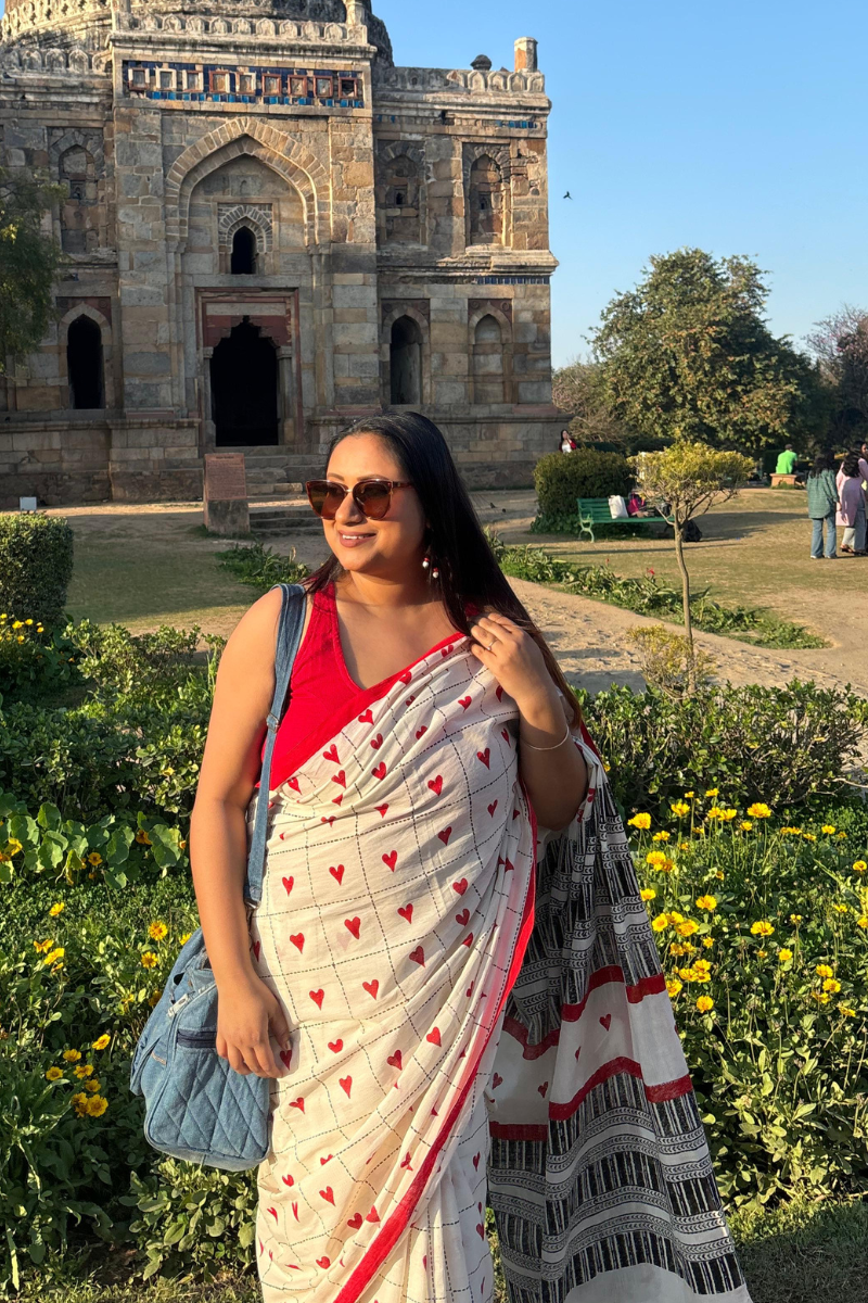 Red Little Heart - Indiestore Handblock print handloom cotton saree