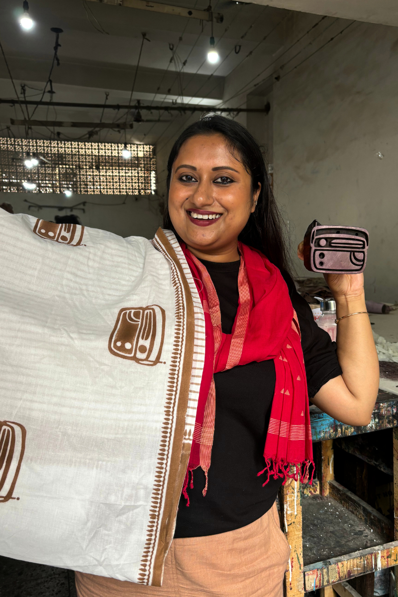 Vintage Radio (Beige) - Limited Edition Handblock Print Handloom Cotton Saree