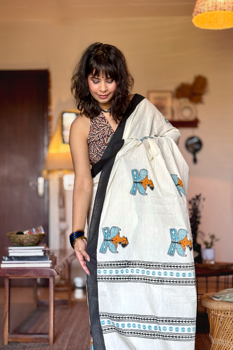 Udaan Handblock Print Cotton Saree (Sky Blue) – A Tribute to Women's Journey