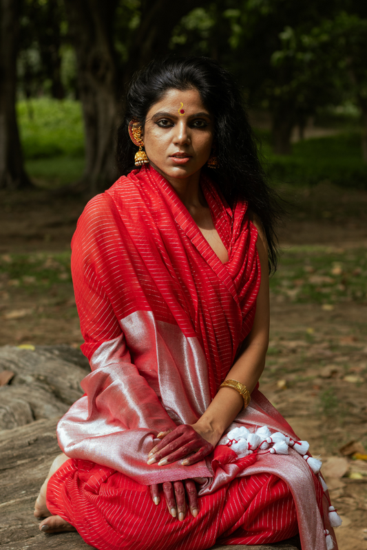 Vermilion Red - Indiestore Handloom Red Mul Cotton Saree with Silver Zari Stripes