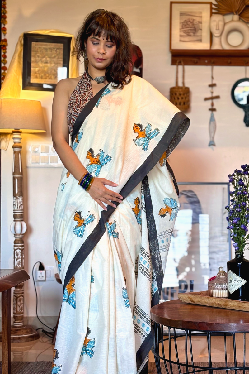 Udaan Handblock Print Cotton Saree (Sky Blue) – A Tribute to Women's Journey