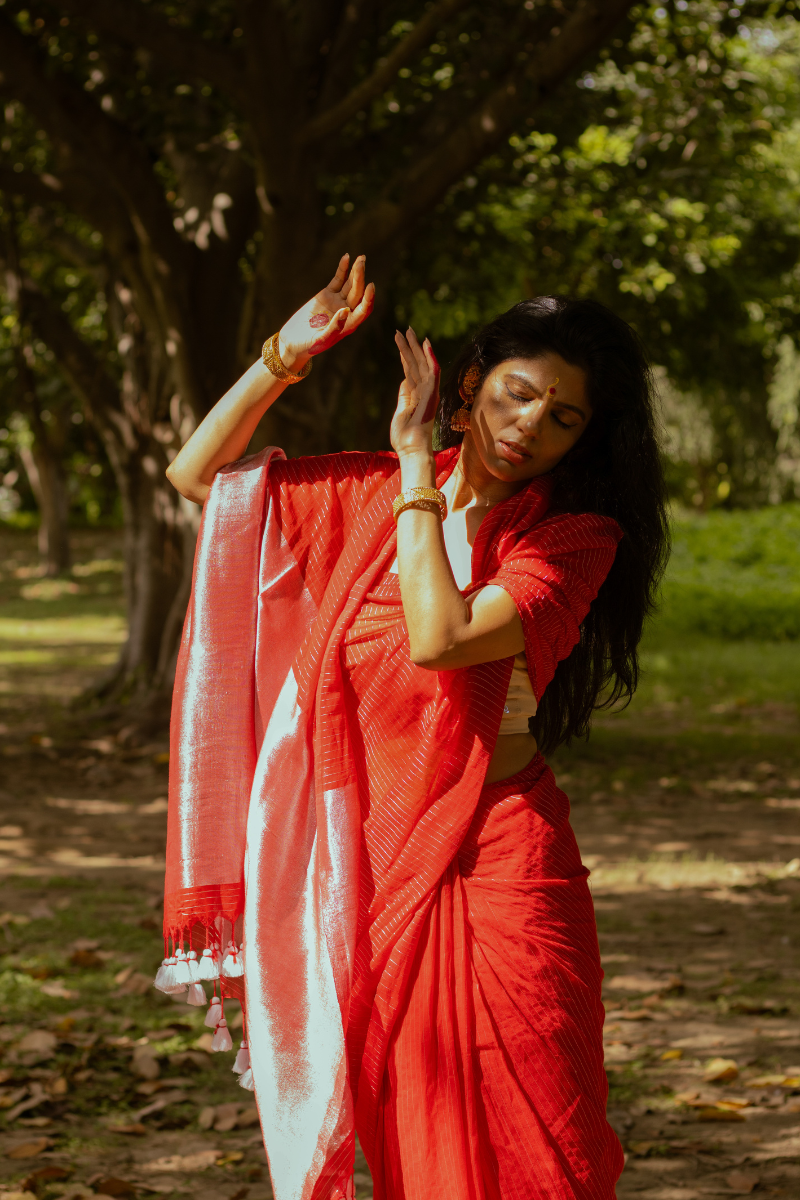 Vermilion Red - Indiestore Handloom Red Mul Cotton Saree with Silver Zari Stripes