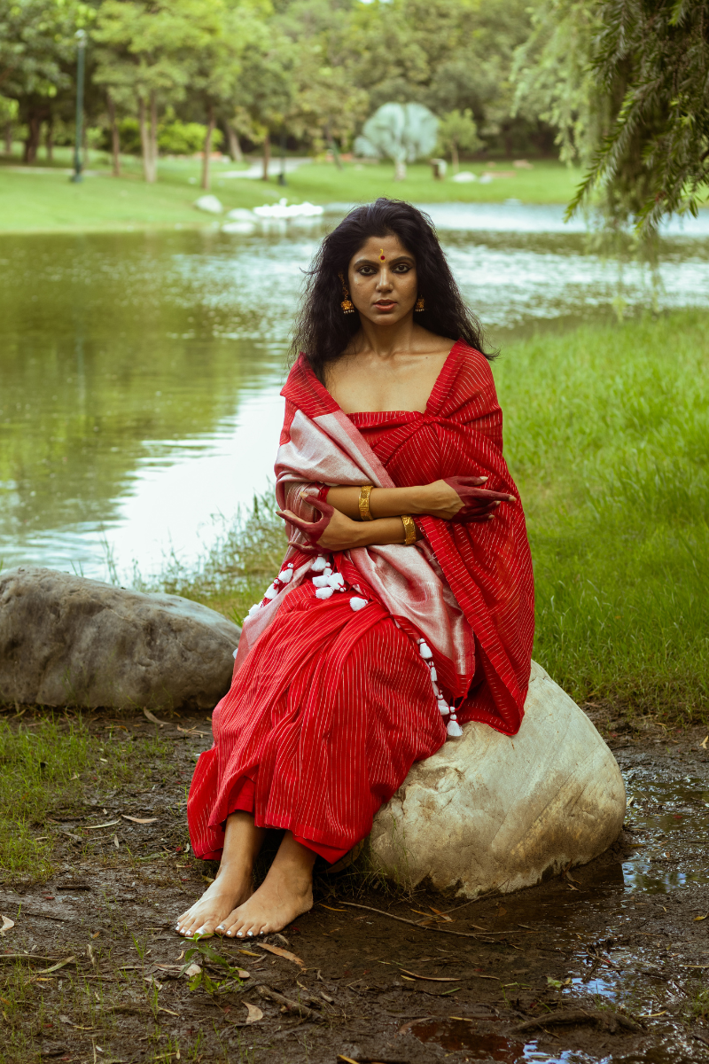 Vermilion Red - Indiestore Handloom Red Mul Cotton Saree with Silver Zari Stripes
