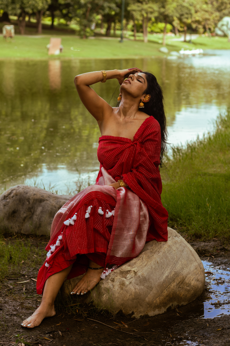 Vermilion Red - Indiestore Handloom Red Mul Cotton Saree with Silver Zari Stripes