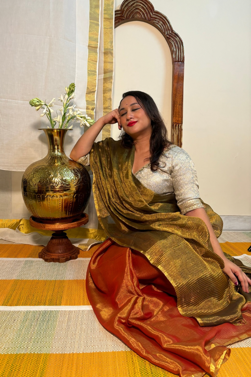 Kohinoor - Indiestore Stunning Copper & Coral Red Festive Handloom Tissue Saree