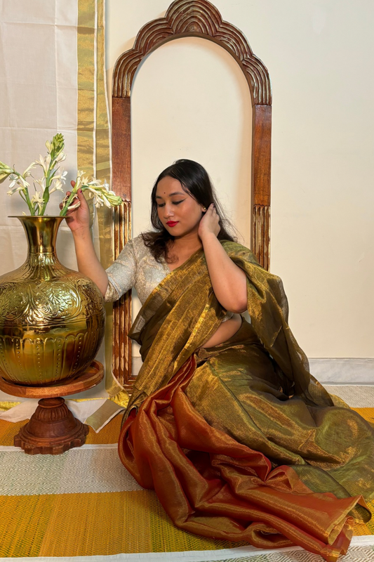 Kohinoor - Indiestore Stunning Copper & Coral Red Festive Handloom Tissue Saree