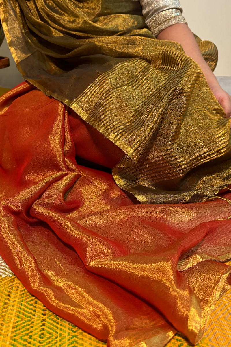 Kohinoor - Indiestore Stunning Copper & Coral Red Festive Handloom Tissue Saree