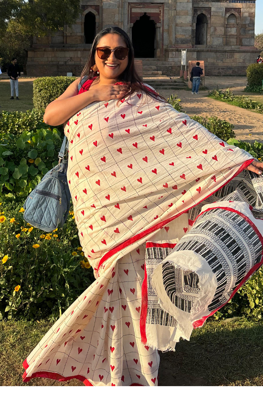 Red Little Heart - Indiestore Handblock print handloom cotton saree