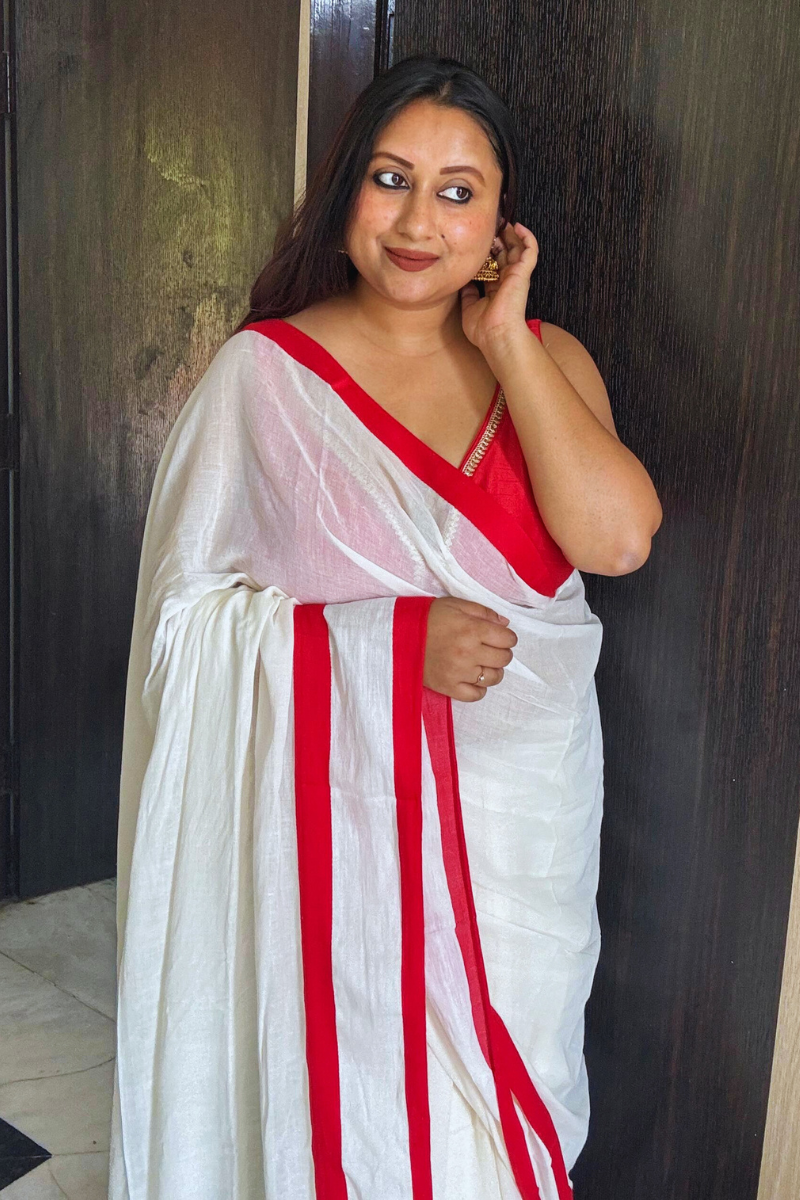 Laal-Shaada Handloom Mulmul Cotton Saree with Double Satin Border