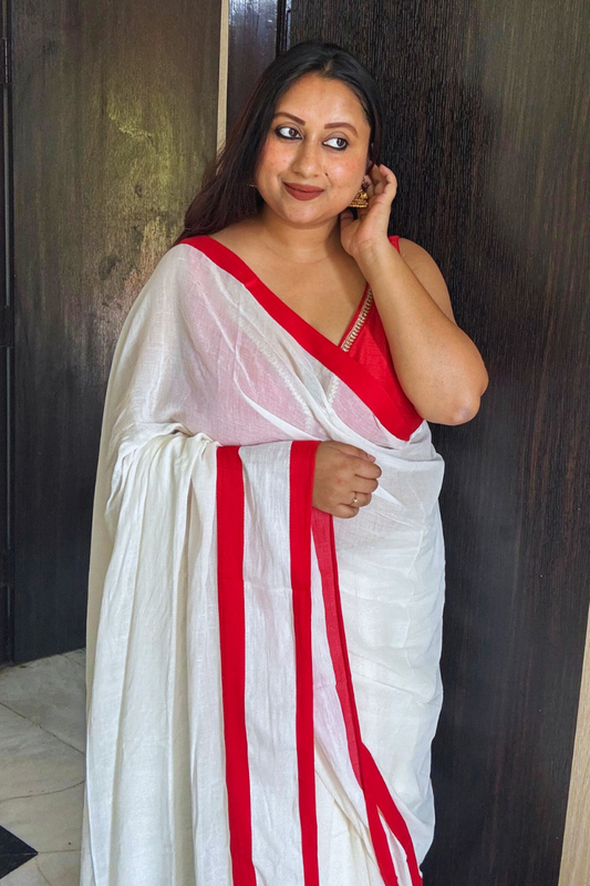 Laal-Shaada Handloom Mulmul Cotton Saree with Double Satin Border