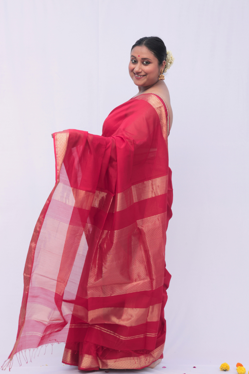Lavanya - Indiestore Tomato Red Handloom Maheshwari Saree with Intricate Golden Border