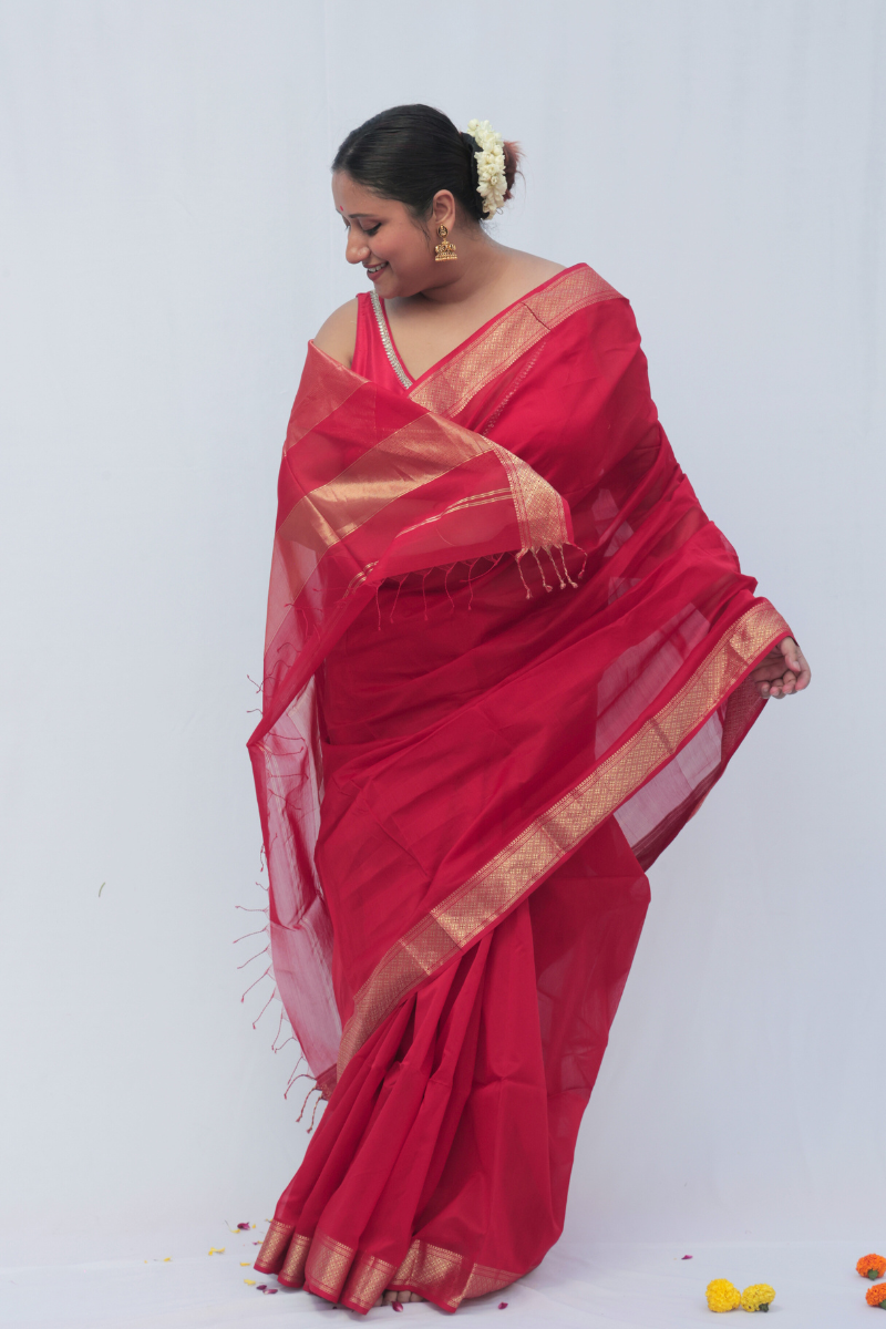 Lavanya - Indiestore Tomato Red Handloom Maheshwari Saree with Intricate Golden Border