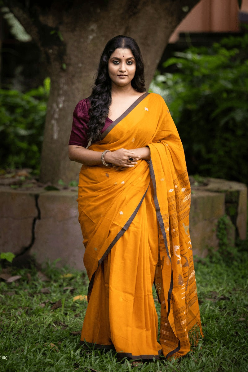 "Heeran" - Indiestore Occur Yellow Handwoven Cotton Jamdani Saree
