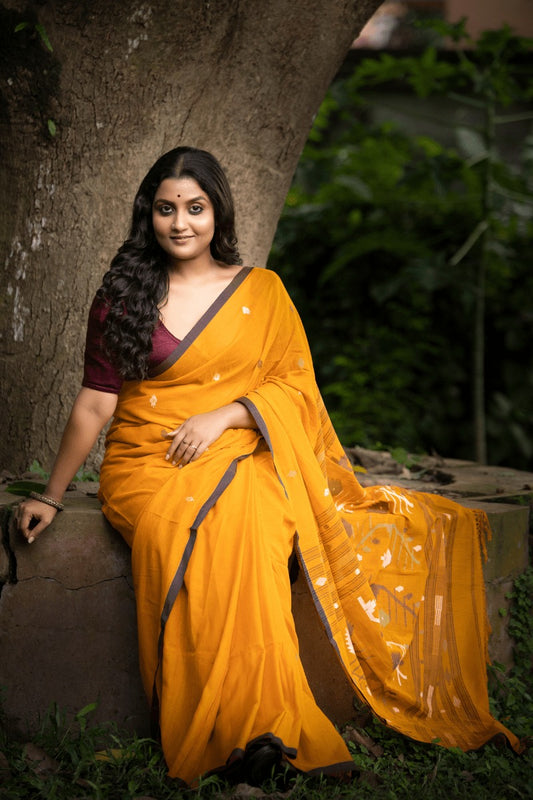 "Heeran" - Indiestore Occur Yellow Handwoven Cotton Jamdani Saree