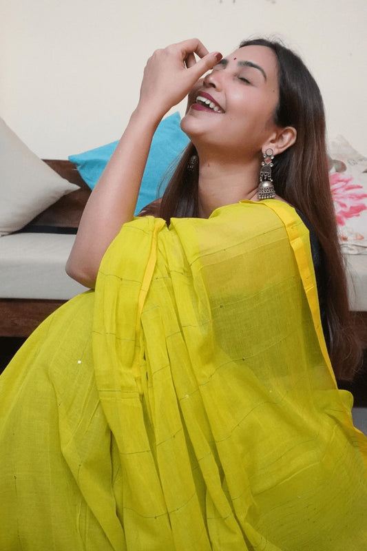 "Sparkling Lemonade" - Indiestore Solid Neon Green Handloom Mul Cotton Saree With Dazzling Sequin