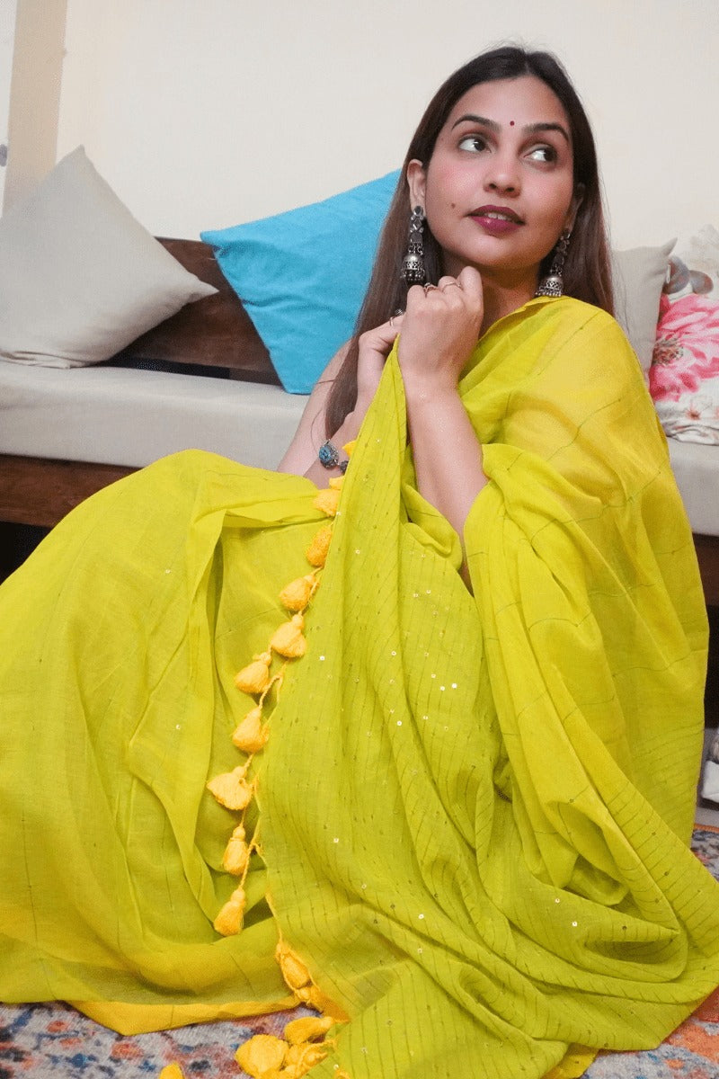"Sparkling Lemonade" - Indiestore Solid Neon Green Handloom Mul Cotton Saree With Dazzling Sequin