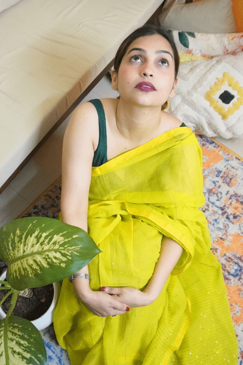 "Sparkling Lemonade" - Indiestore Solid Neon Green Handloom Mul Cotton Saree With Dazzling Sequin