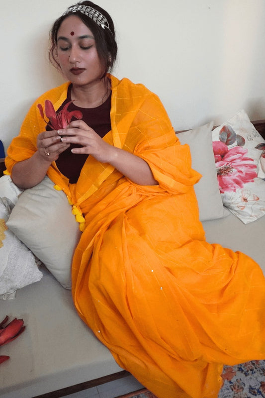 "Sunset Yellow" - Indiestore Solid Golden Yellow Handloom Mul Cotton Saree With Dazzling Sequin