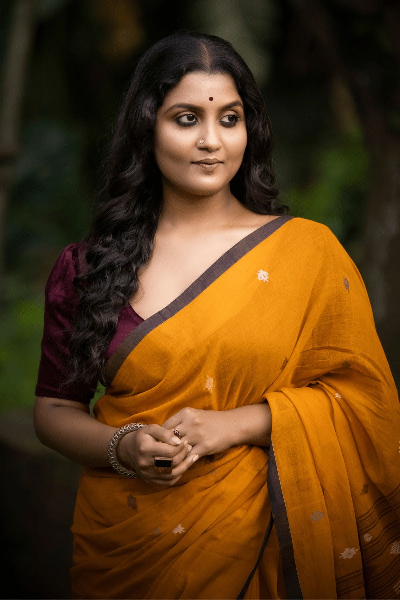 "Heeran" - Indiestore Occur Yellow Handwoven Cotton Jamdani Saree
