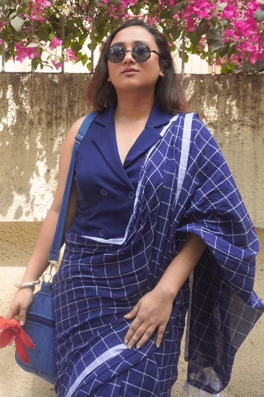"Blue Lagoon" - Indiestore Navy Blue Check Pattern Handloom Mul Cotton Saree