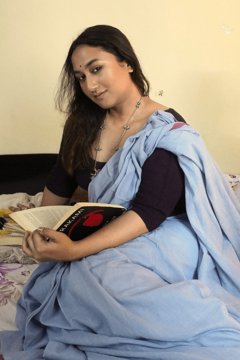 "Silver Blossom" - Indiestore Solid Grey Handloom Mul Cotton Saree With Maroon Selvedge