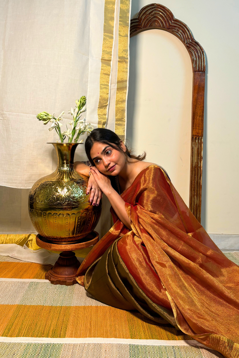 Agni Shakti - Indiestore Stunning Handloom Fiery Copper Tissue Saree