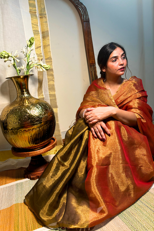 Agni Shakti - Indiestore Stunning Handloom Fiery Copper Tissue Saree