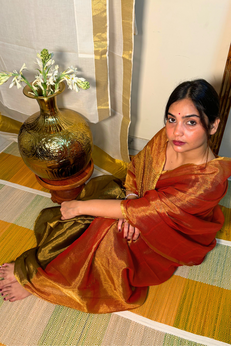 Agni Shakti - Indiestore Stunning Handloom Fiery Copper Tissue Saree