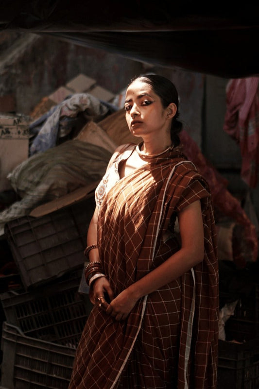 "Cinnamon Dust" - Indiestore Brown Check Pattern Handloom Mul Cotton Saree